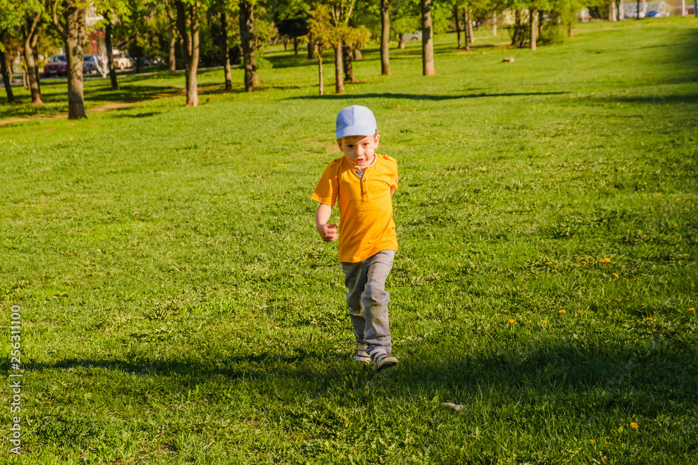 Cute boy running across grass und smiling. Cute boy running across grass und smiling.