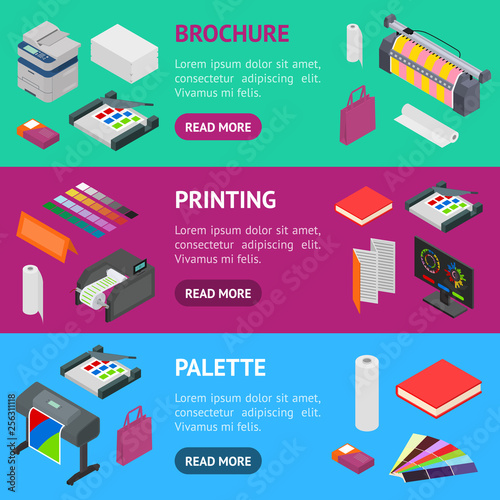 Printing Signs 3d Banner Horizontal Set Isometric View. Vector