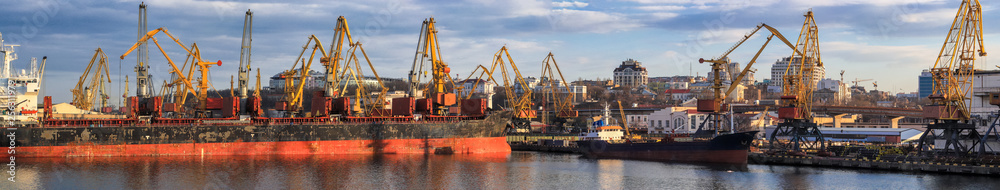 Loading grain to the ship in the port. Panoramic view of the ship, cranes, and other infrastructures of the port.
