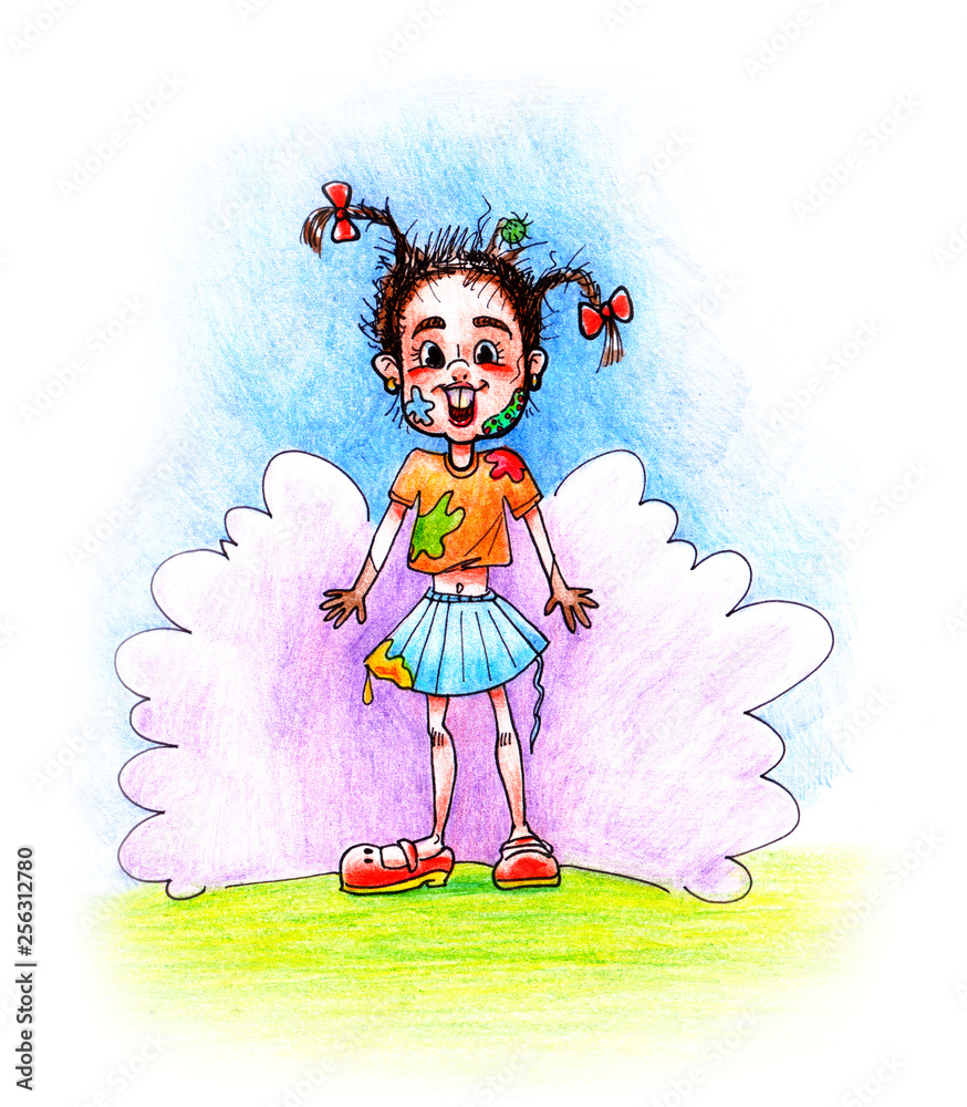 Hand-drawn drawing illustration with a funny scruffy girl with braids and dirty  hands on the background of an explosion cloud. Stock Illustration | Adobe  Stock
