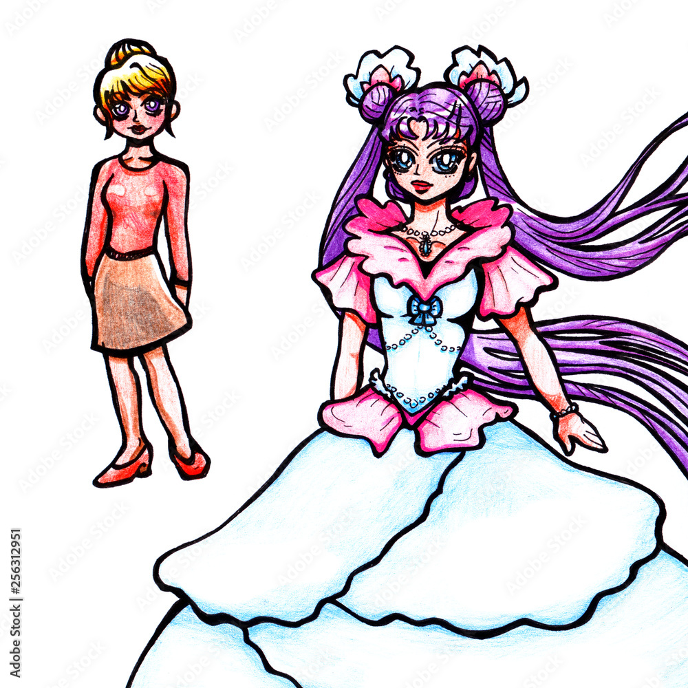 hand-drawn illustration set of two anime girls with big eyes, princess  dress and purple hair isolated objects on white background. Stock  Illustration | Adobe Stock