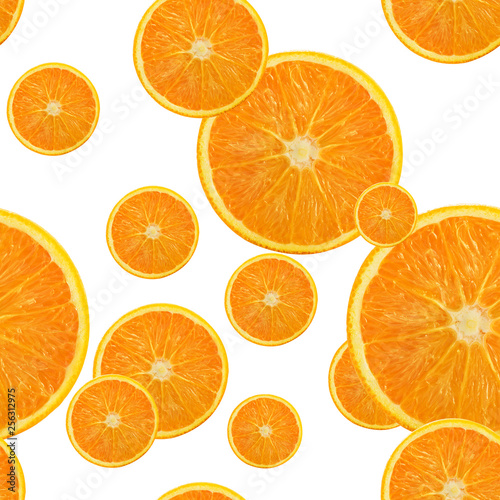 Seamless pattern with orange slices isolated on white background. Juicy tropical fruit for packaging.