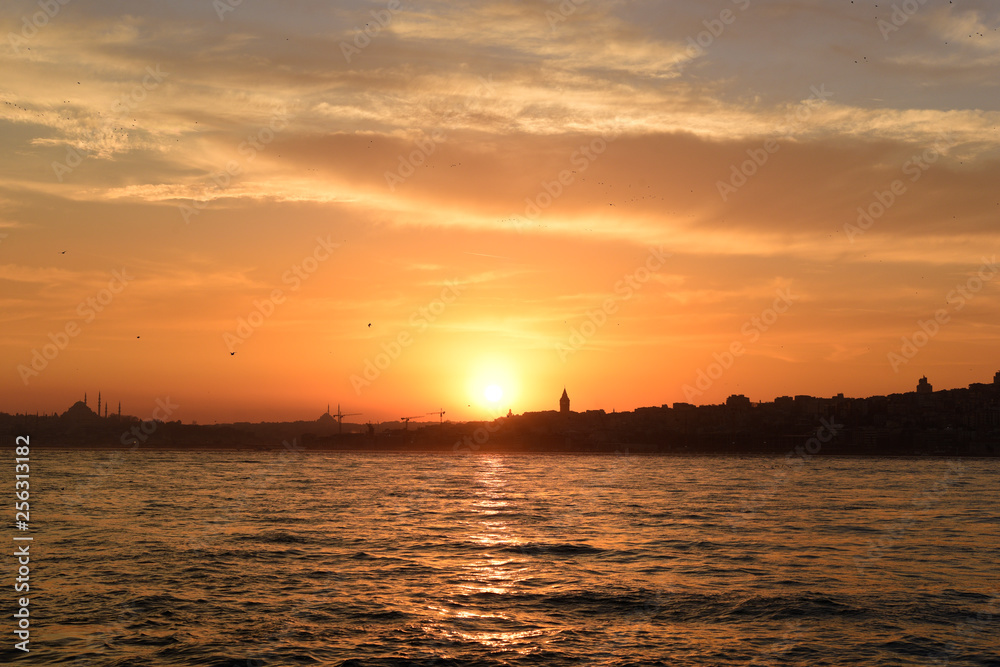 Orange color sunset in Istanbul bosphorus