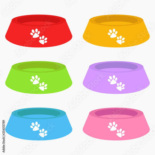 Bowls for food. Set of multicolored bowls. Empties dog food bowl dish isolated on white background. Vector illustration. EPS 10.