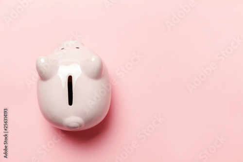 Saving investment budget wealth retirement financial money banking concept. Pink piggy bank isolated on pink pastel colourful trendy background. Flat lay top view copy space