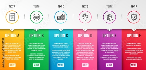 Delete file, Parking and Skin care icons simple set. Currency, Refund commission and Confirmed signs. Remove document, Park pointer. Business set. Infographic template. 6 steps timeline. Vector