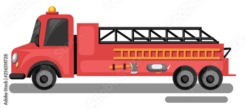 Red fire truck with yellow laders vector illustration on white background. photo