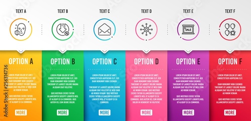 Face protection, Loan percent and Sale icons simple set. Multichannel, Mail and Balloon dart signs. Secure access, Decrease rate. Business set. Infographic template. 6 steps timeline. Business options
