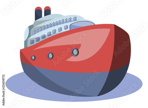 Front view of red and blue vector illustration of big ship on white background.