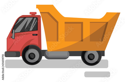 Vector illustration cartoon style of red and yellow dump truck on white background.