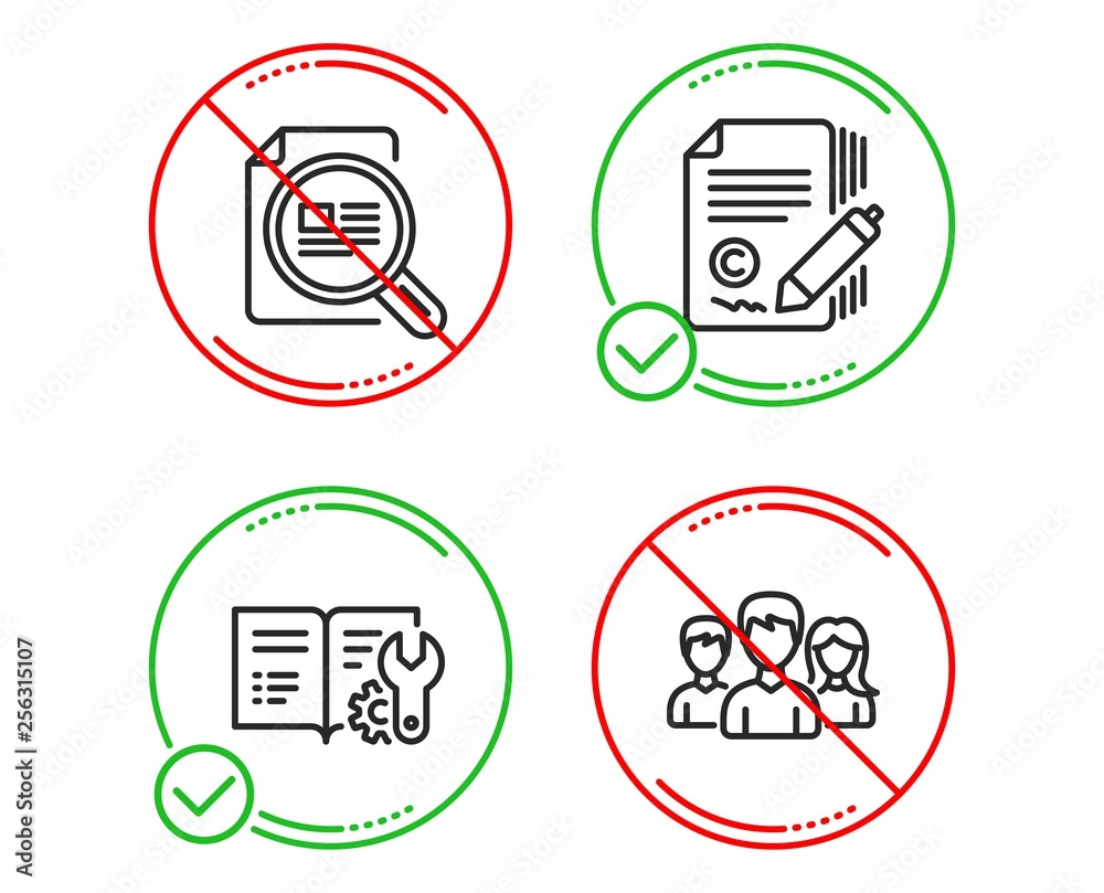 Do or Stop. Check article, Engineering documentation and Copywriting icons simple set. Teamwork sign. Magnifying glass, Manual, Сopyright signature. Group of users. Business set. Vector Do or Stop. Check article, Engineering documentation and Copywriting icons simple set. Teamwork sign. Magnifying glass, Manual, Сopyright signature. Group of users. Business set. Vector