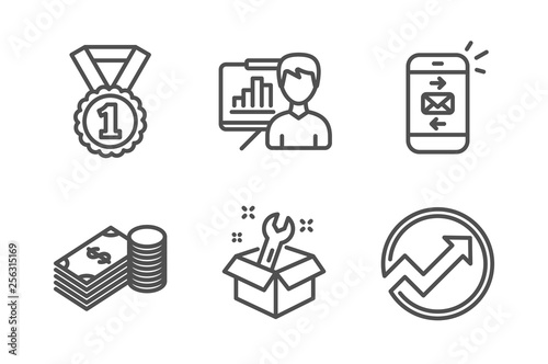 Spanner, Mail and Savings icons simple set. Presentation board, Best rank and Audit signs. Repair service, Smartphone communication. Business set. Line spanner icon. Editable stroke. Vector