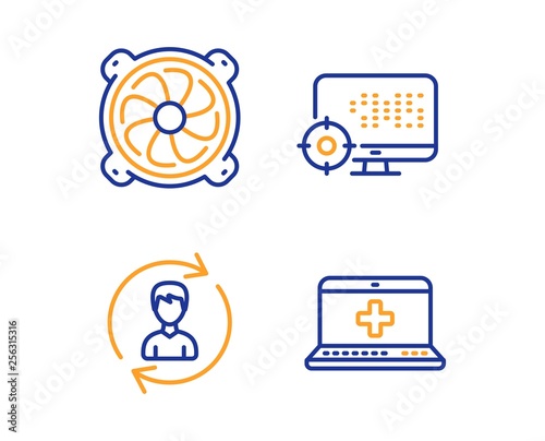 Computer fan, Human resources and Seo icons simple set. Medical help sign. Pc ventilator, Update profile, Search engine. Medicine laptop. Business set. Linear computer fan icon. Colorful design set