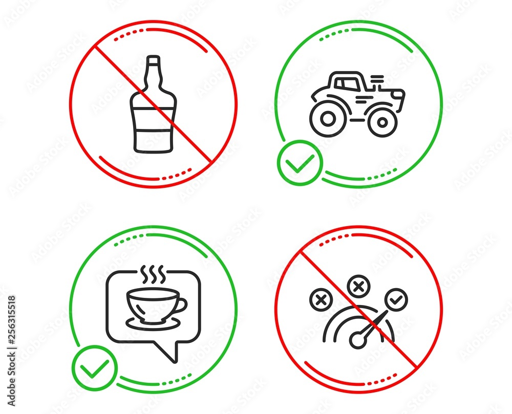 Do or Stop. Scotch bottle, Coffee and Tractor icons simple set. Correct answer sign. Brandy alcohol, Cafe, Farm transport. Speed symbol. Business set. Line scotch bottle do icon. Prohibited ban stop Do or Stop. Scotch bottle, Coffee and Tractor icons simple set. Correct answer sign. Brandy alcohol, Cafe, Farm transport. Speed symbol. Business set. Line scotch bottle do icon. Prohibited ban stop