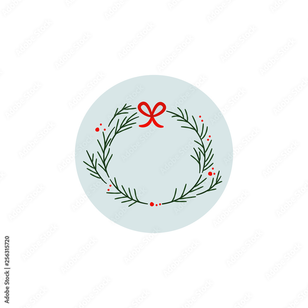 Obraz premium Christmas wreath with red bow isolated on white background. Symbol winter and holiday. Logo. Vector illustration. EPS 10.