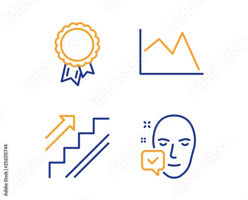 Success, Stairs and Line chart icons simple set. Face accepted sign. Award reward, Stairway, Financial graph. Access granted. Business set. Linear success icon. Colorful design set. Vector