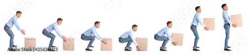 Collage of man lifting heavy cardboard box on white background. Posture concept photo