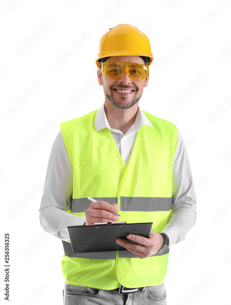 Male industrial engineer in uniform with clipboard on white background. Safety equipment Male industrial engineer in uniform with clipboard on white background. Safety equipment