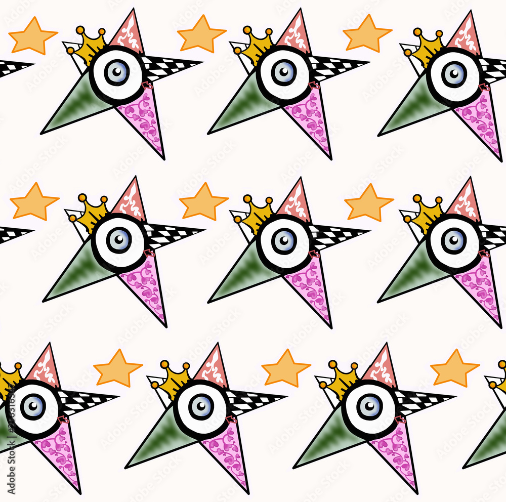 Obraz premium A star with a crown and different patterns on each triangle.White background seamless pattern.