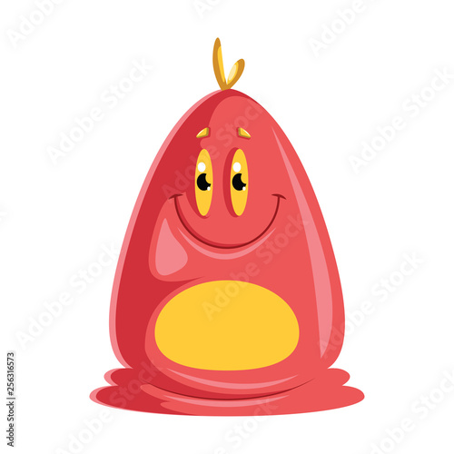 Happy red cartoon monsterwith yellow belly white background vector illustration.