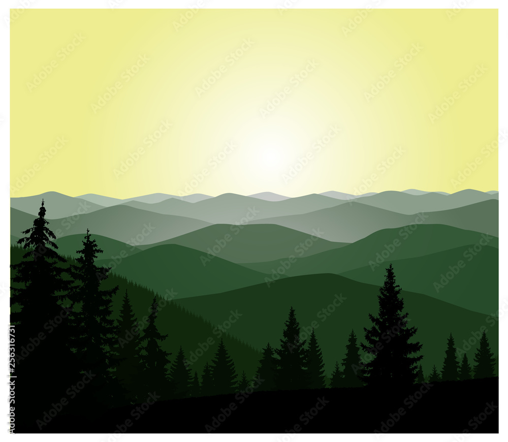 Panorama of mountains. Green and yellow shades. Panorama of mountains. Green and yellow shades.