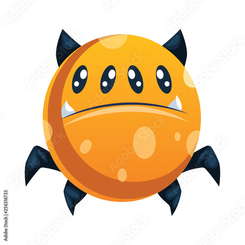 Orange doted spider looking cartoon character with four eyes and black legs and ears white background vector illustration.