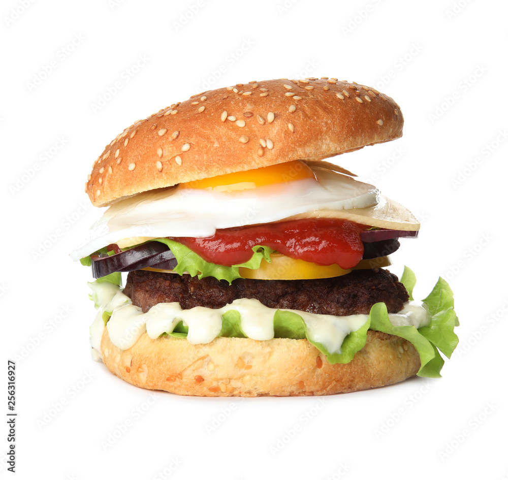 Tasty burger with fried egg on white background Tasty burger with fried egg on white background