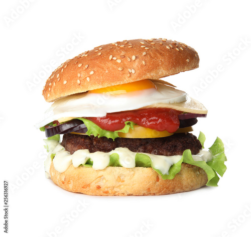 Tasty burger with fried egg on white background