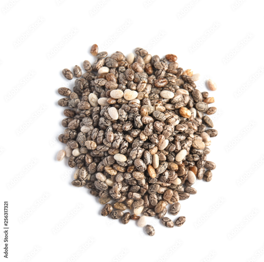 Pile of chia seeds isolated on white, top view