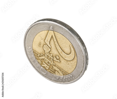 Shiny two euro coin on white background