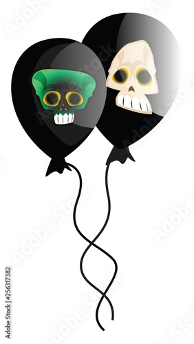 Vector illustration of two black baloons with white and green scull on white background.