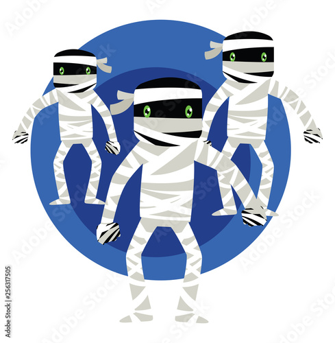 Vector illustration of three mummies  in a blue circle on white bakground.