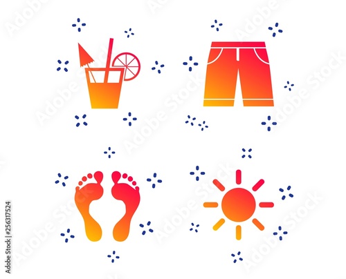 Beach holidays icons. Cocktail  human footprints and swimming trunks signs. Summer sun symbol. Random dynamic shapes. Gradient vacation icon. Vector