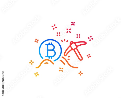 Bitcoin mining line icon. Cryptocurrency coin sign. Crypto money pickaxe symbol. Gradient design elements. Linear bitcoin mining icon. Random shapes. Vector