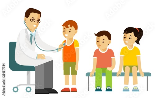 Pediatrician doctor concept. Young man practitioner and happy children in flat style isolated on white background. Doctor doing medical examination of group of kids with stethoscope. Consultation