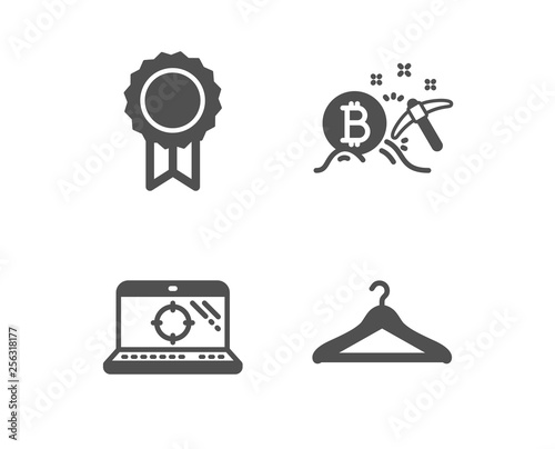 Set of Reward, Bitcoin mining and Seo laptop icons. Cloakroom sign. Best medal, Cryptocurrency pickaxe, Search engine. Hanger wardrobe.  Classic design reward icon. Flat design. Vector