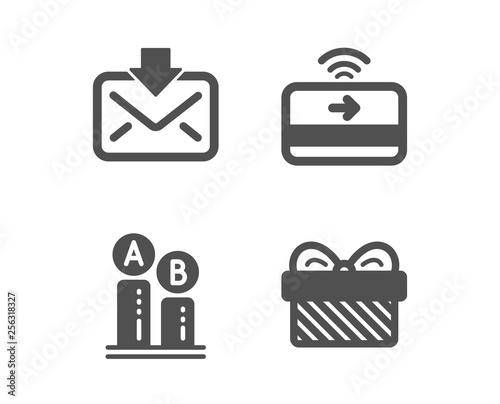 Set of Ab testing, Contactless payment and Incoming mail icons. Gift sign. Test chart, Financial payment, Download message. Present.  Classic design ab testing icon. Flat design. Vector