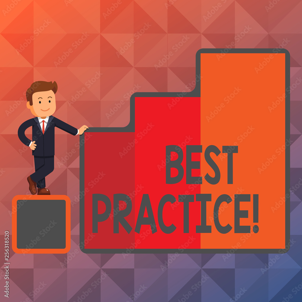Text sign showing Best Practice. Business photo showcasing commercial procedures that are accepted prescribed being correct Happy Businessman Presenting Growth and Success in Rising Bar Graph Columns