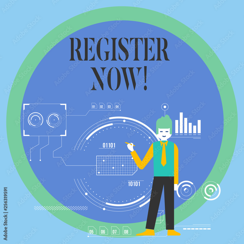 Conceptual hand writing showing Register Now. Concept meaning official list or record showing or things into web or forum Man Holding Pen Pointing to Chart Diagram SEO Process Icons Conceptual hand writing showing Register Now. Concept meaning official list or record showing or things into web or forum Man Holding Pen Pointing to Chart Diagram SEO Process Icons