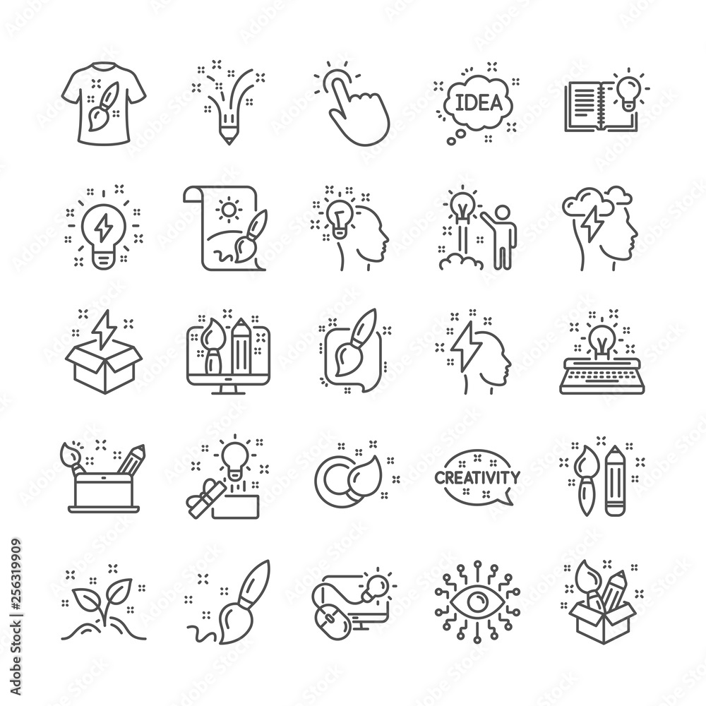 Creativity brush line icons. Set of Inspiration, Idea and Design linear icons. Imagination, Idea box and Creative design. Brush with draw pencil, T shirt and Out of the box creativity. Vector