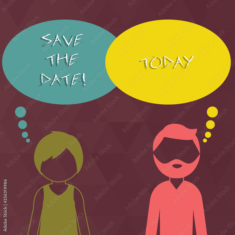 Writing note showing Save The Date. Business concept for Organizing events well make day special by event organizers Bearded Man and Woman with the Blank Colorful Thought Bubble Writing note showing Save The Date. Business concept for Organizing events well make day special by event organizers Bearded Man and Woman with the Blank Colorful Thought Bubble