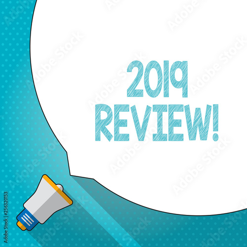 Word writing text 2019 Review. Business photo showcasing remembering past year events main actions or good shows Huge Blank White Speech Bubble Occupying Half of Screen and Small Megaphone photo