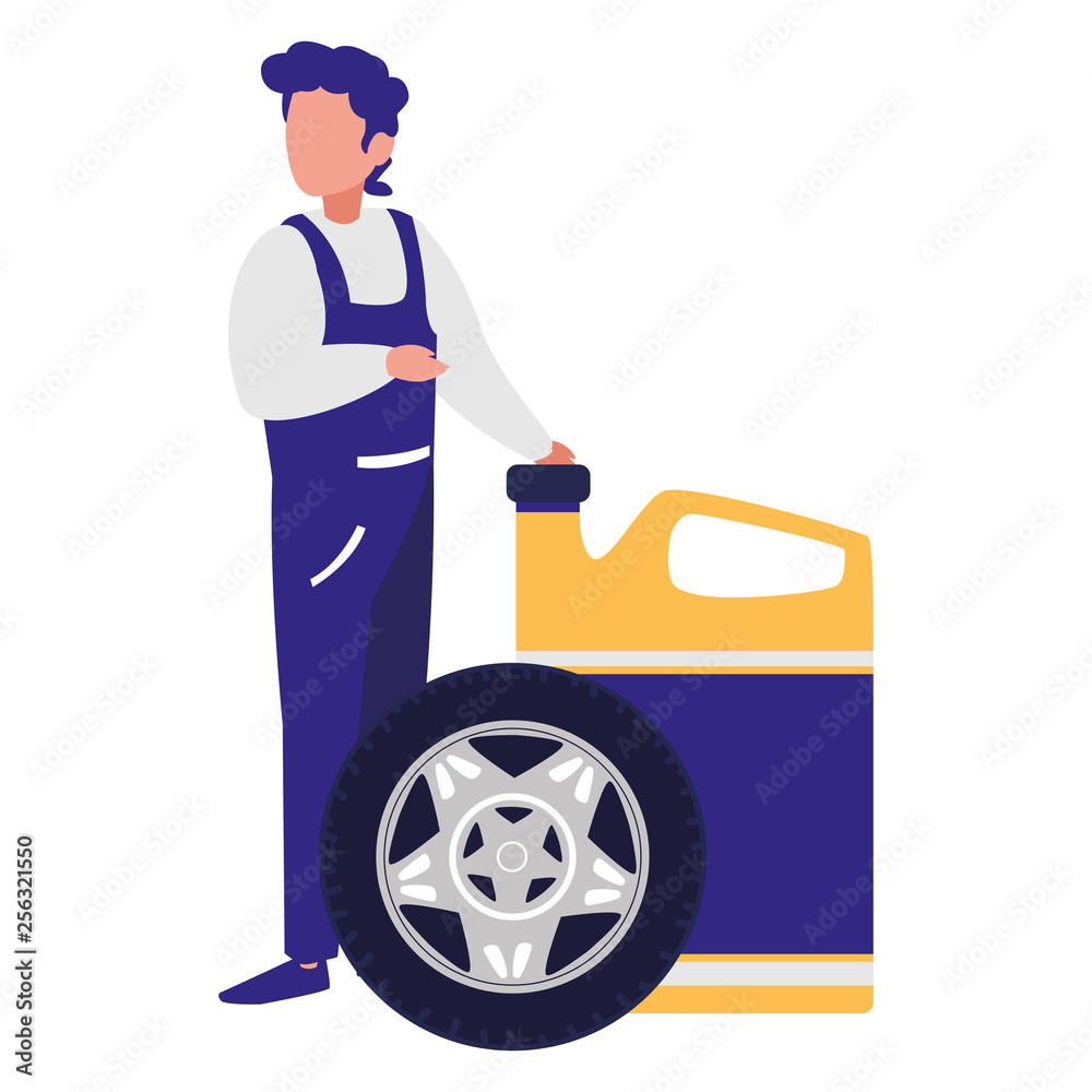 mechanic worker with oil gallon and tire track mechanic worker with oil gallon and tire track