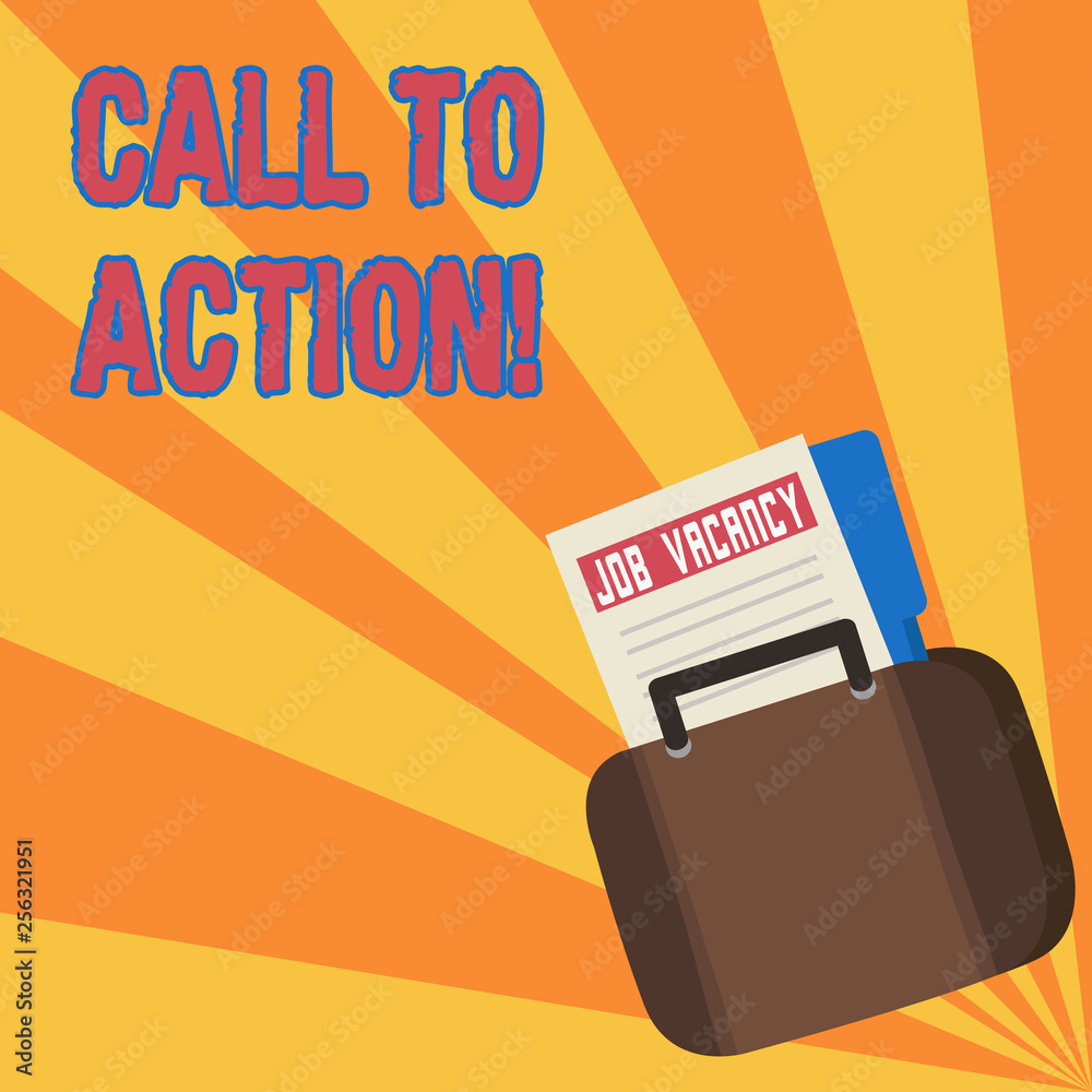 Naklejka premium Text sign showing Call To Action. Business photo showcasing exhortation do something in order achieve aim with problem Announcement File Folder for Employment Opportunity Tucked Inside Briefcase