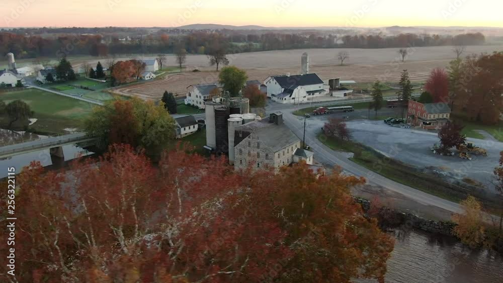 Aerial circling the old limestone mill, damn, and Conestoga River