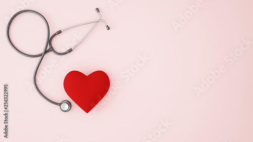 Stethoscope and red hearts for artwork. 3D Illustration for icon health care of heart.