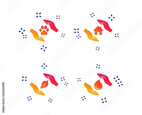 Hands insurance icons. Shelter for pets dogs symbol. Save water drop symbol. House property insurance sign. Random dynamic shapes. Gradient insurance icon. Vector