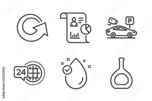 Reload, 24h service and Vitamin e icons simple set. Parking security, Report and Cognac bottle signs. Update, Call support. Line reload icon. Editable stroke. Vector