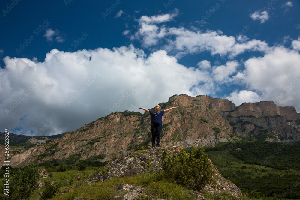 Mountains of the North Caucasus, mountain tops in clouds. Wild nature