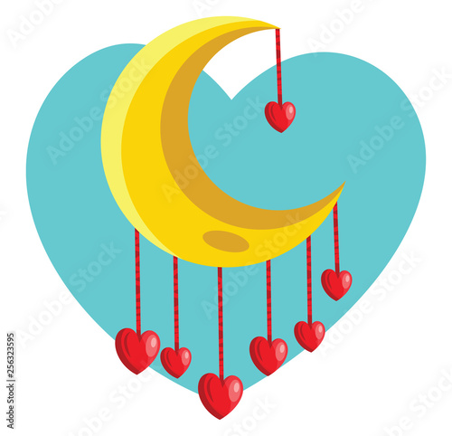 Red hearts hanging from yellow new moon vector illustration in a tourqoise heart on white background. photo